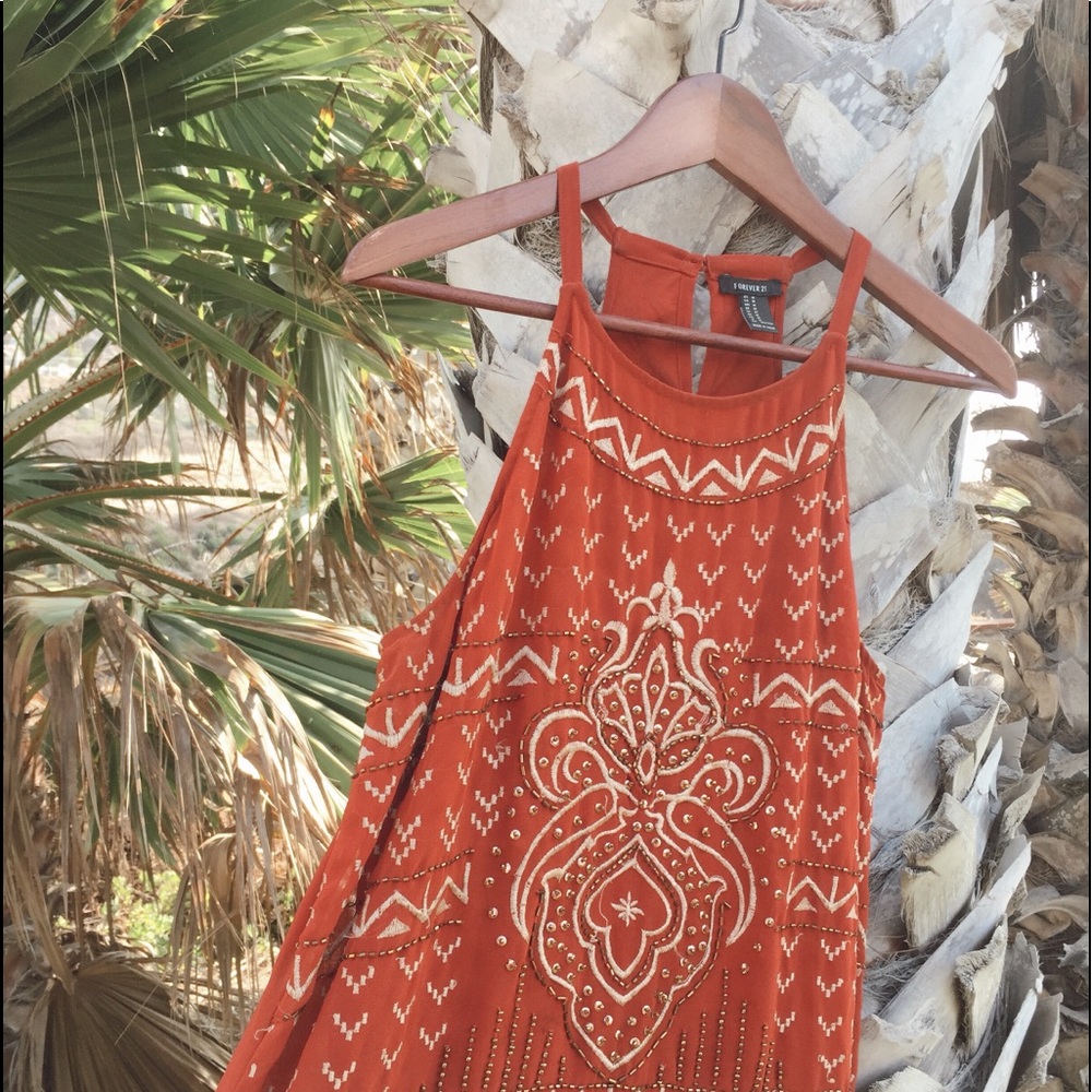 Burnt orange modern flapper dress.